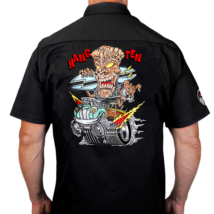 Hang Ten Tiki Hot Rod Embroidered Work Shirt / Shop Shirt