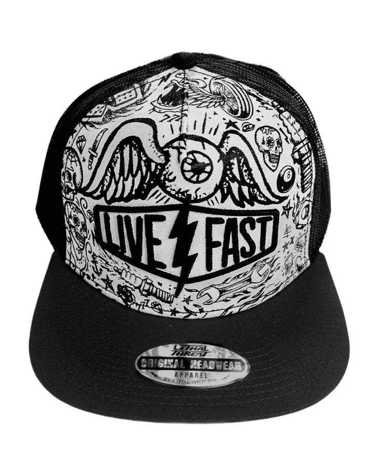 Live Fast Eyeball Lightning Bolt Trucker Style Hat