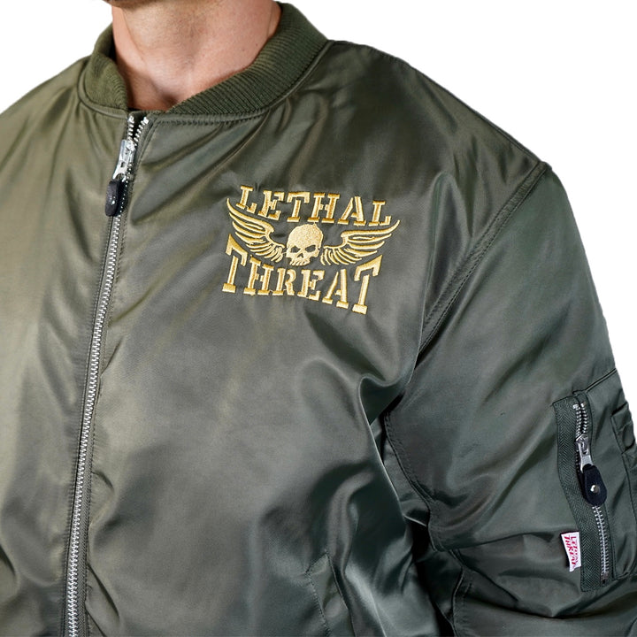 Bombs Away Pin Up Girl Army Green Bomber Jacket