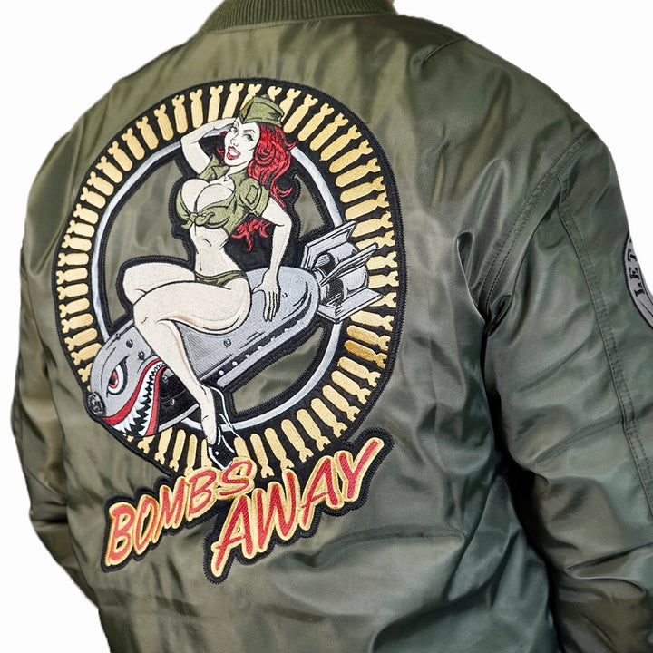 Bombs Away Pin Up Girl Army Green Bomber Jacket