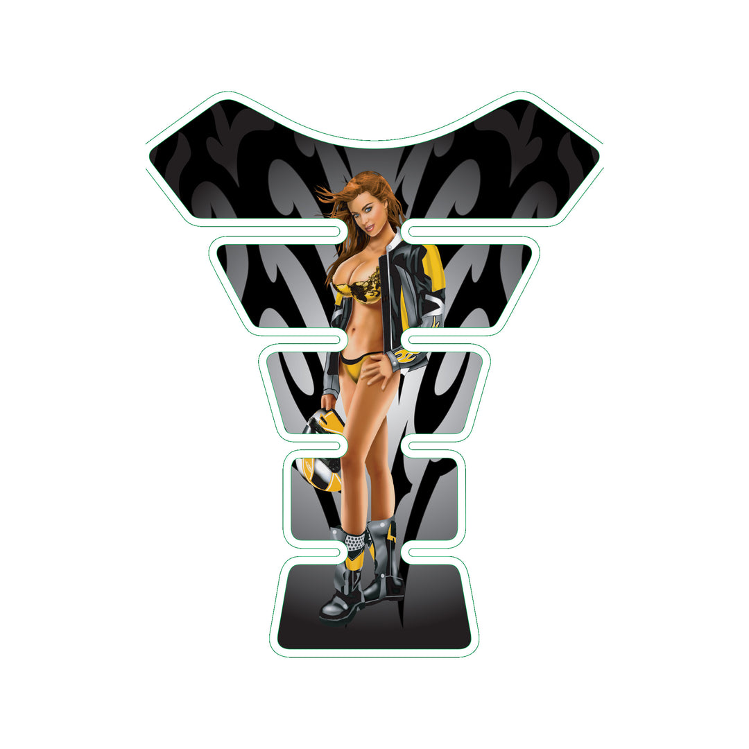 Yellow Race Babe Pin Up Girl Motorcycle Tank Pad / Motorcycle Tank Protector