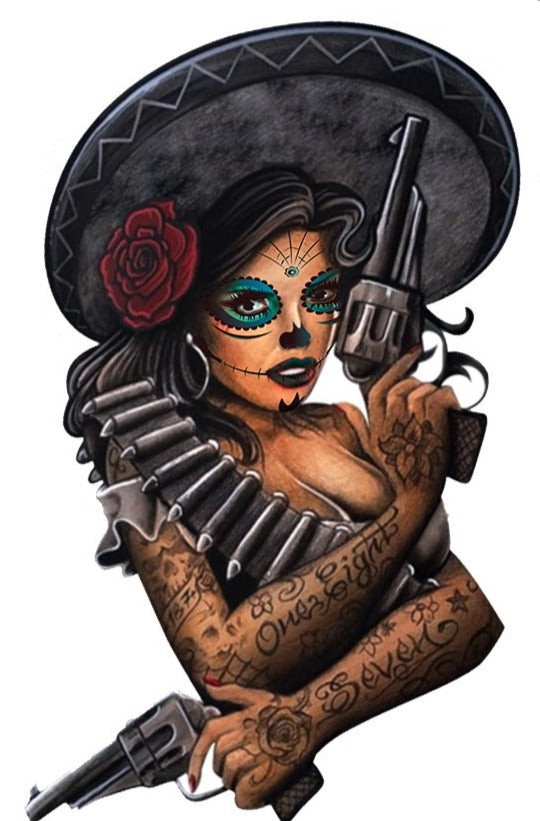 Six Shooter Bandido Pin Up Mini Decal/Sticker