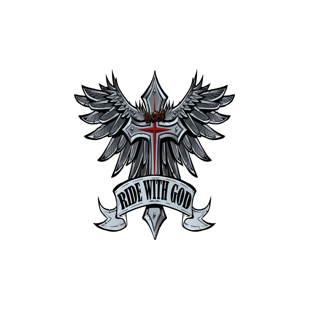 Ride With God Winged Cross Mini Decal/Sticker