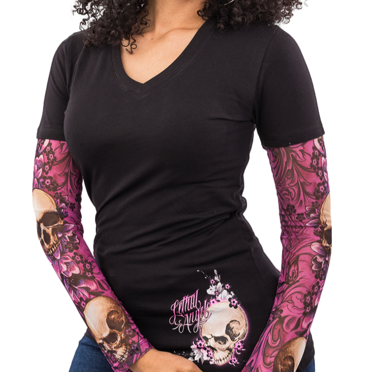 Skull Blossoms Tattoo Sleeve V Neck Shirt