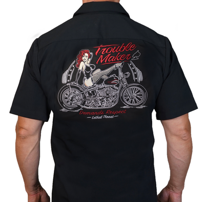 Trouble Maker Motorcycle Pin Up Girl Embroidered Work Shirt / Shop Shirt