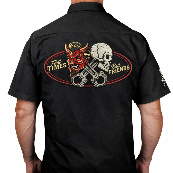 Fast Times Bad Friends BLACK Embroidered Work Shirt / Shop Shirt