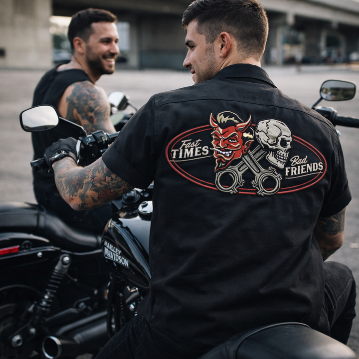 Fast Times Bad Friends BLACK Embroidered Work Shirt / Shop Shirt