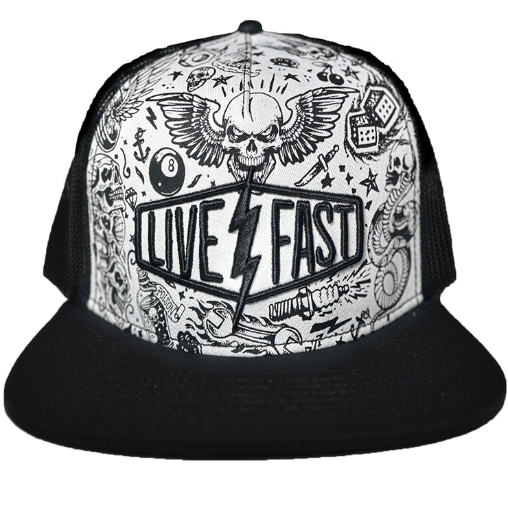 Live Fast Lightning Bolt White Trucker Style Hat