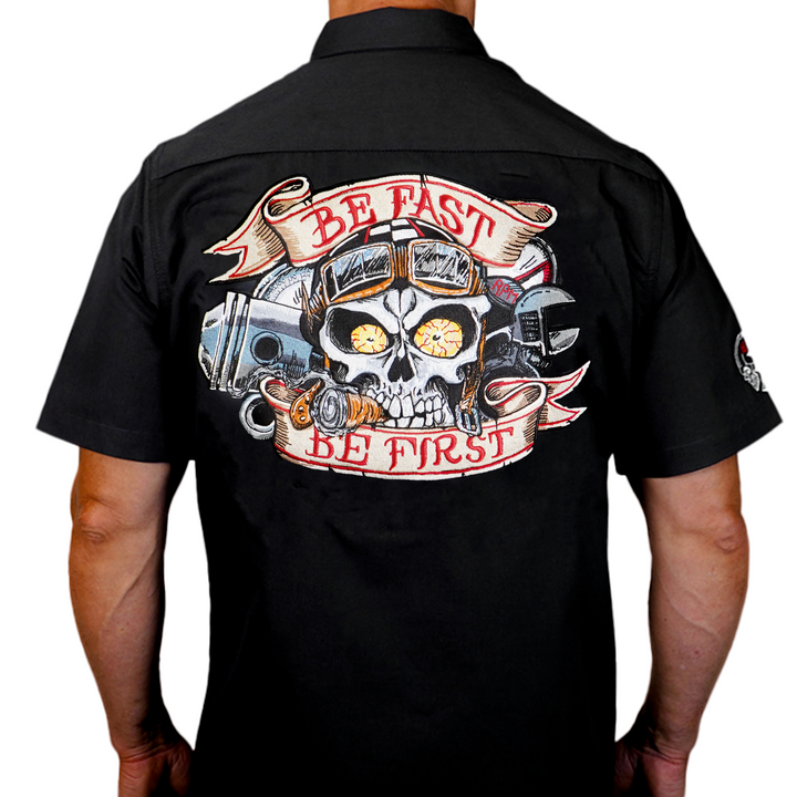 Be First Be Fast Skull Embroidered Work Shirt / Shop Shirt
