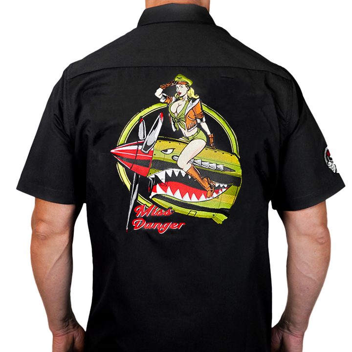 Miss Danger Flying Tiger Pin Up Girl  Embroidered Work Shirt / Shop Shirt