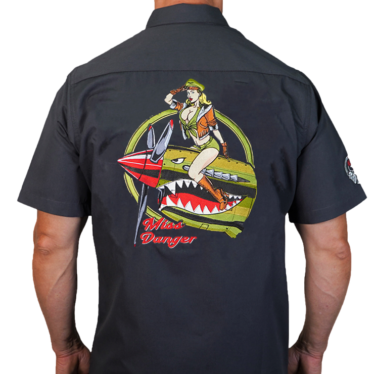 Miss Danger Flying Tiger Pin Up Girl  Embroidered Work Shirt / Shop Shirt