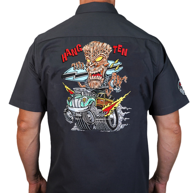 Hang Ten Tiki Hot Rod Embroidered Work Shirt / Shop Shirt