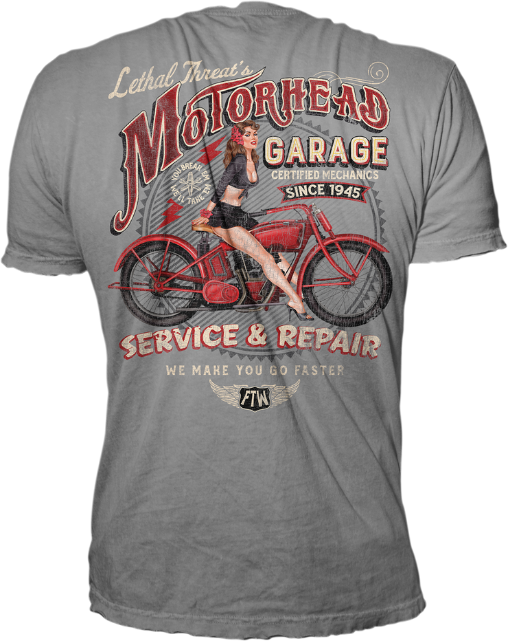 Motorhead Garage Pin Up Girl Light Gray Tee