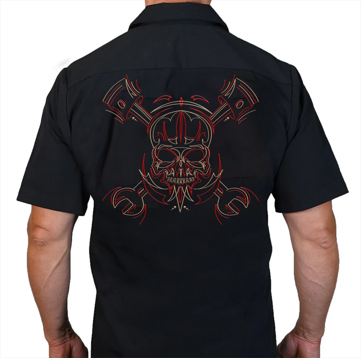 Skull Pinstripe Embroidered Work Shirt / Shop Shirt