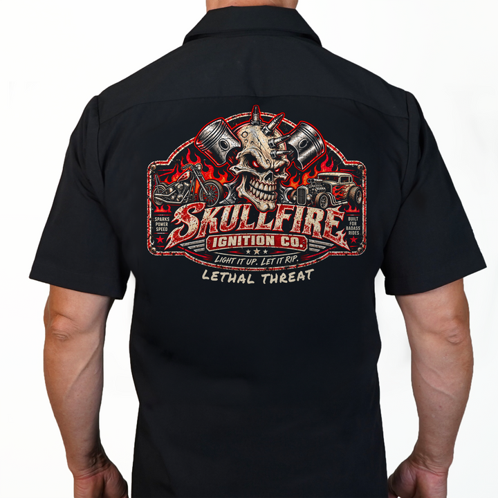 Skull Fire Ignition Printed Work Shirt / Shop Shirt
