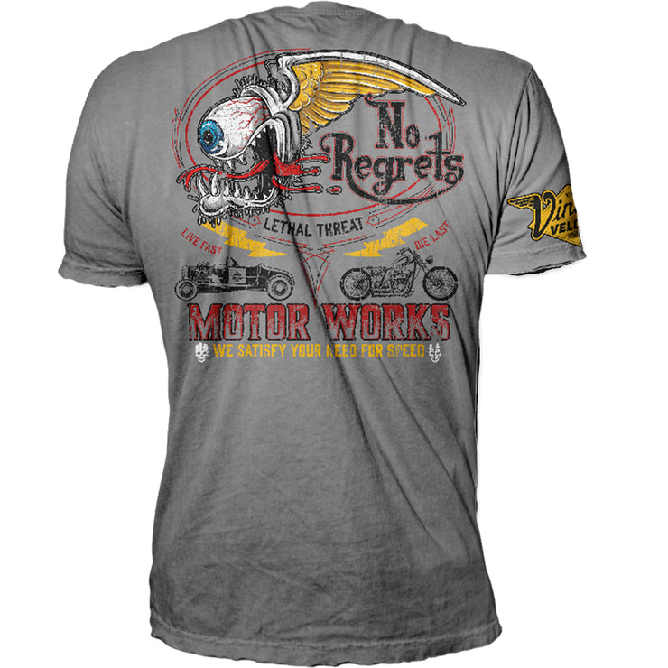 No Regrets Flying Eyeball Motor Works Vintage Washed Men's Gray Tee Shirt