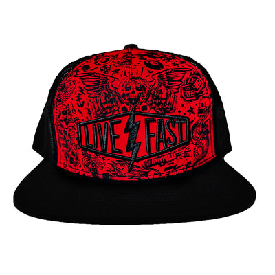 Live Fast Lightning Bolt Red Trucker Style Hat