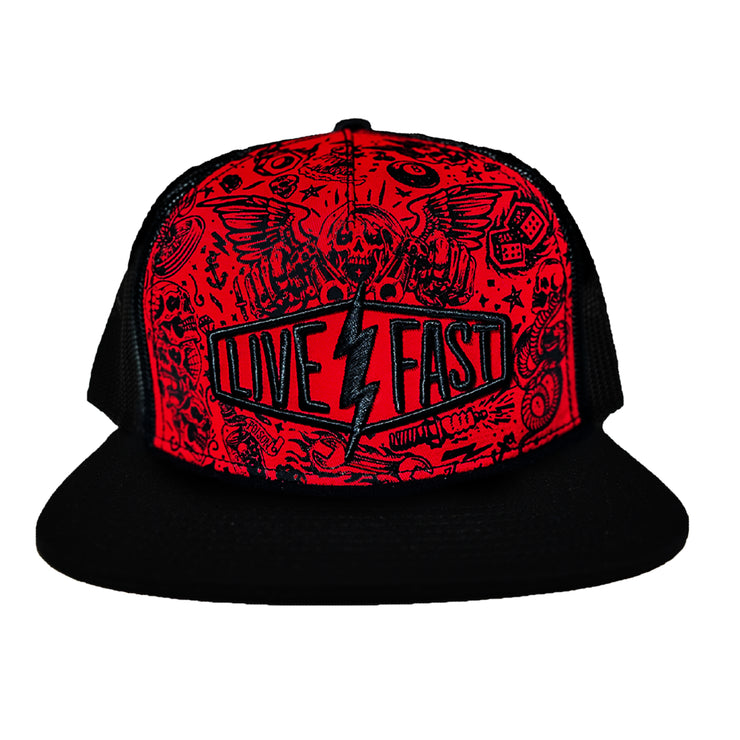 Live Fast Lightning Bolt Red Trucker Style Hat