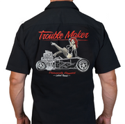 Trouble Maker Hot Rod Pin Up Girl Embroidered Work Shirt / Shop Shirt