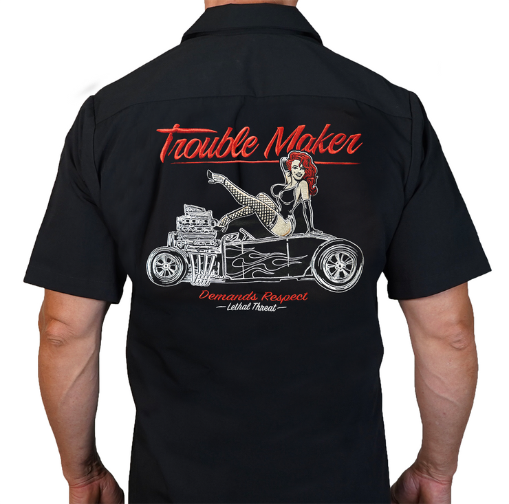 Trouble Maker Hot Rod Pin Up Girl Embroidered Work Shirt / Shop Shirt