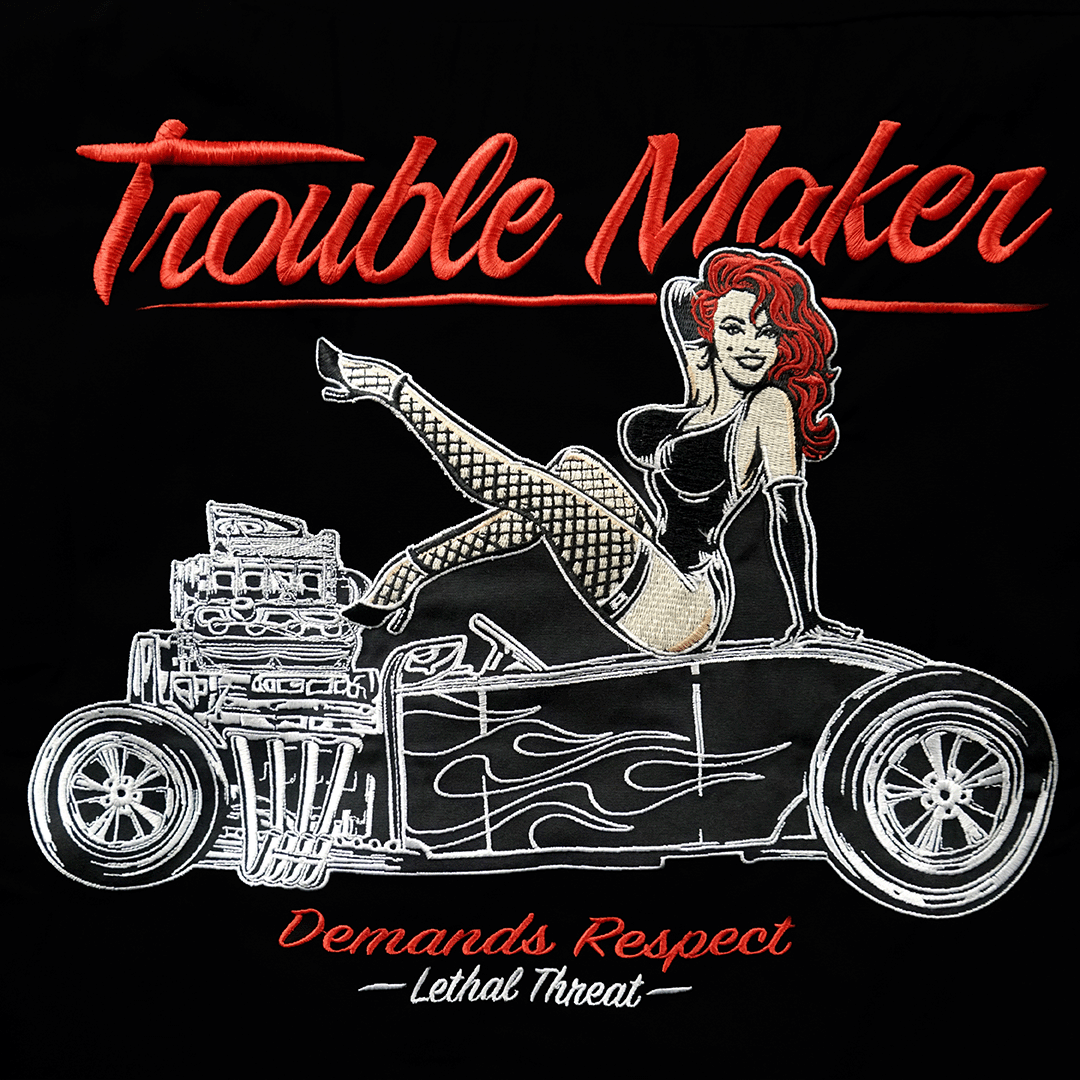 Trouble Maker Hot Rod Pin Up Girl Embroidered Work Shirt / Shop Shirt