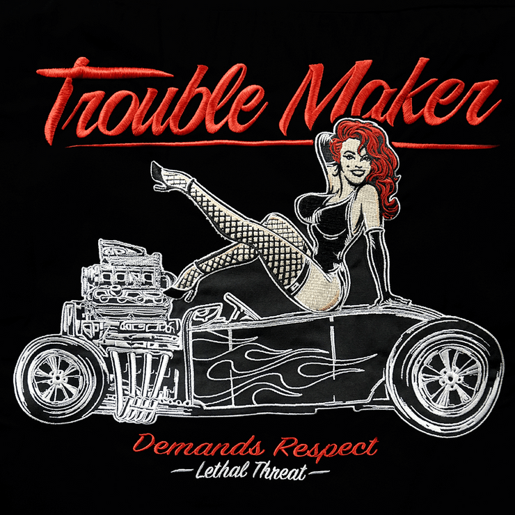 Trouble Maker Hot Rod Pin Up Girl Embroidered Work Shirt / Shop Shirt