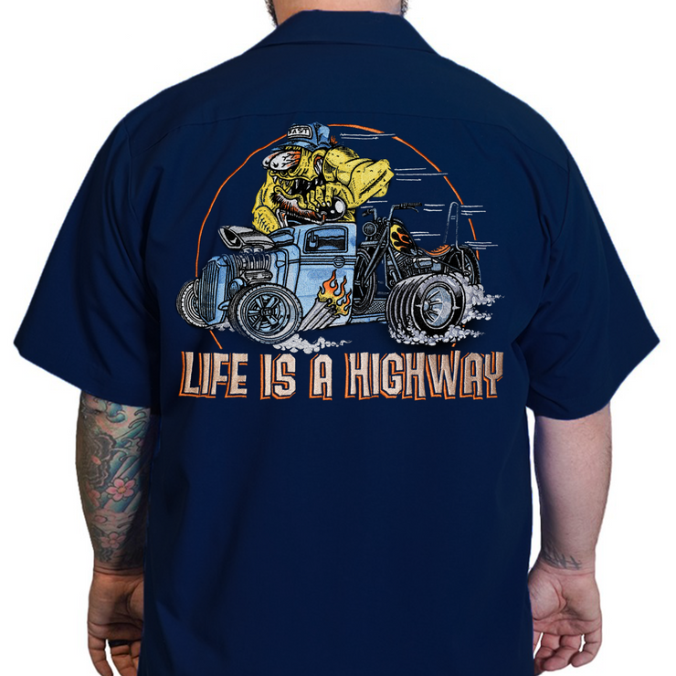 Life Is A Highway Monster Embroidered Work Shirt / Shop Shirt