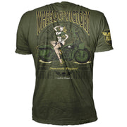 Wheels of Victory Pin Up Vintage Washed Men's Army Green Tee Shirt