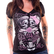 Rattle And Roll Rockabilly Skull Couple V-Neck Tee