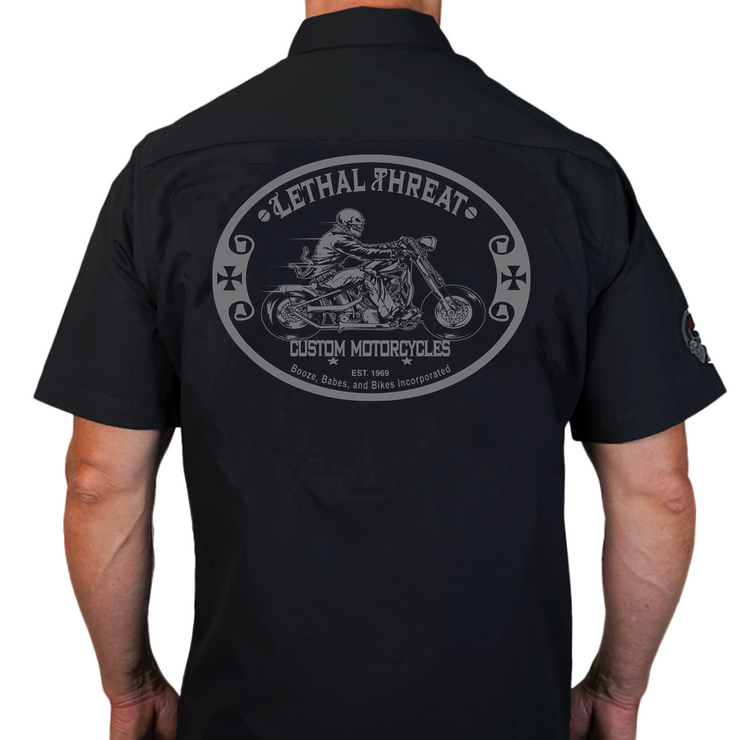 Custom Motorcycle Skull Rider Embroidered Work Shirt / Shop Shirt Size XXXXL for Men - Lethal Threat