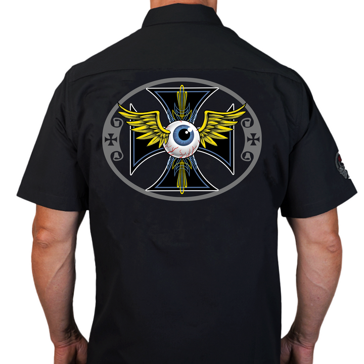 Pinstripe Winged Eyeball Embroidered Work Shirt – Lethal Threat | Heavy-Duty Shop Shirt with Full-Back Art