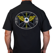 Pinstripe Winged Eyeball Embroidered Work Shirt / Shop Shirt