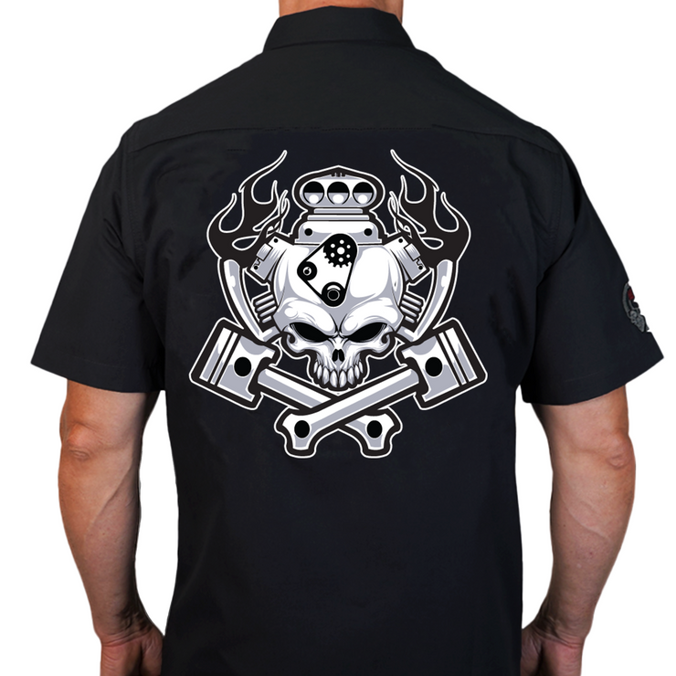 Big Block Engine Skull Embroidered Work Shirt / Shop Shirt
