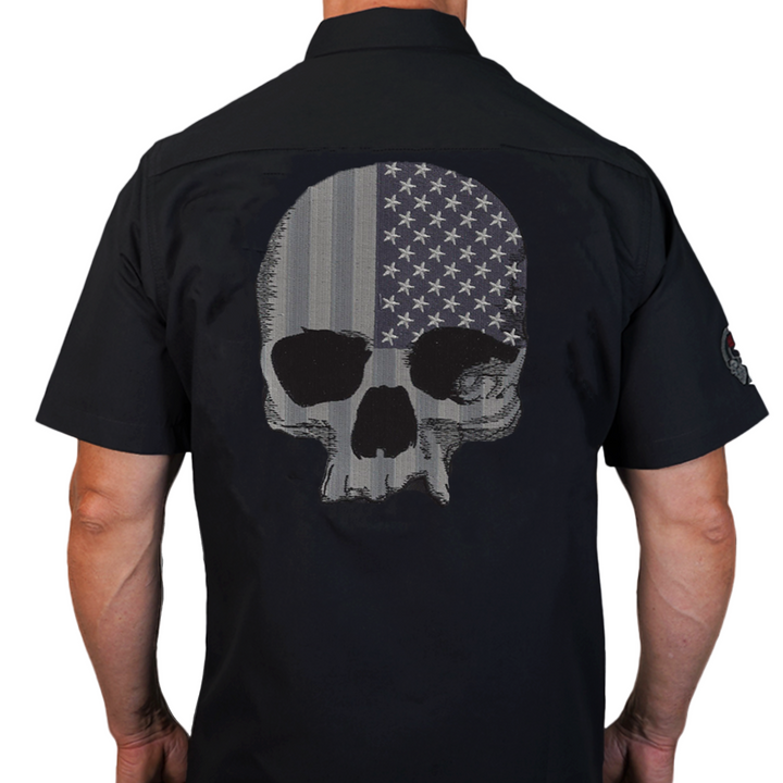 Grey USA Skull Embroidered Work Shirt / Shop Shirt