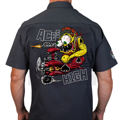 Aces High Monster Gray Embroidered Work Shirt / Shop Shirt