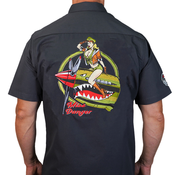 Miss Danger Flying Tiger Pin Up Girl  Embroidered Work Shirt / Shop Shirt
