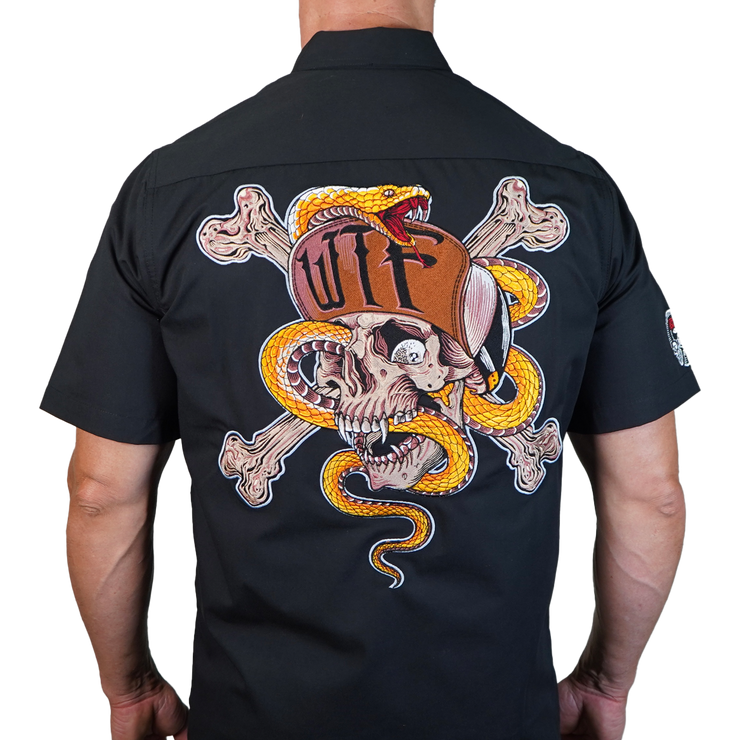 WTF Snake Skull Embroidered Work Shirt / Shop Shirt
