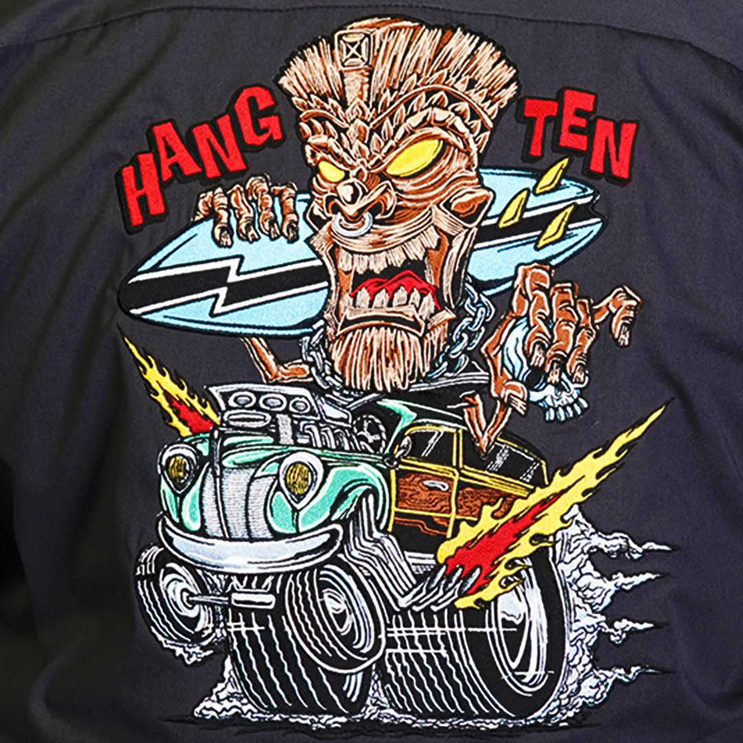 Hang Ten Tiki Hot Rod Embroidered Work Shirt / Shop Shirt