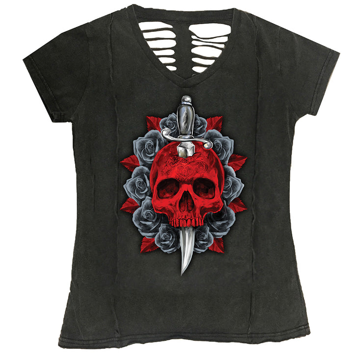 Red Dagger Skull Slasher V Neck T-Shirt