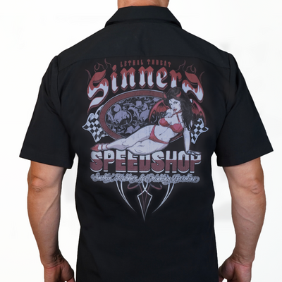 Sinners Speed Shop Devil Girl Pin Up Printed Work Shirt / Shop Shirt