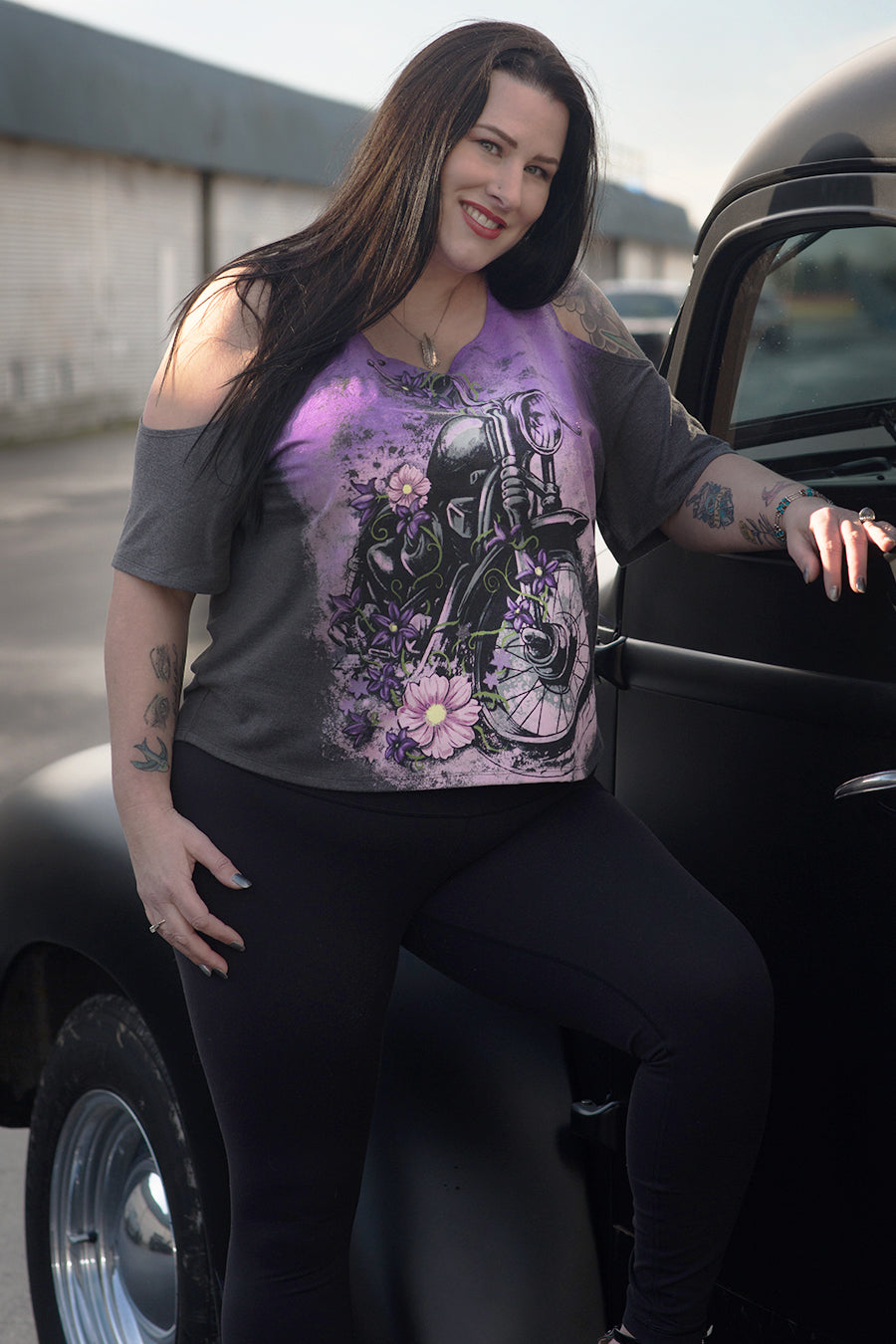 Flower Motorcycle Shoulder Peak Shirt