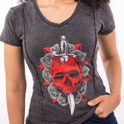 Red Dagger Skull Slasher V Neck T-Shirt