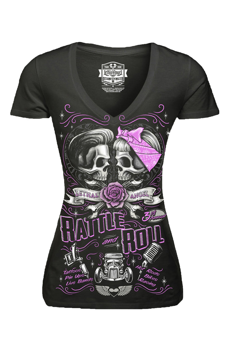 Rattle And Roll Rockabilly Skull Couple V-Neck Tee