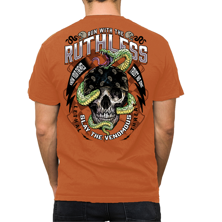 Run with the Ruthless Skull Snake Men's Volcano Orange Tee Shirt