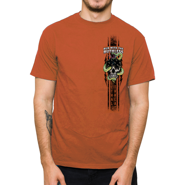 Run with the Ruthless Skull Snake Men's Volcano Orange Tee Shirt