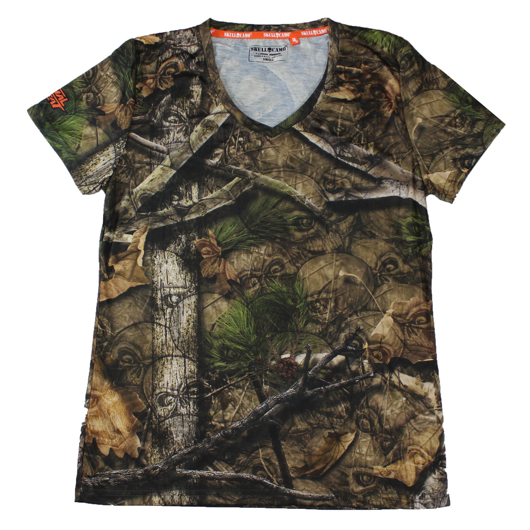 Women Backwoods Skull Camo Womens V Neck T- Shirt