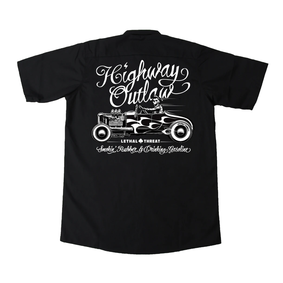Highway Outlaw Rat Rod Skull Driver Embroidered Work Shirt / Shop Shirt
