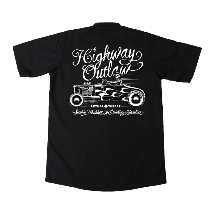 Highway Outlaw Rat Rod Skull Driver Embroidered Work Shirt / Shop Shirt