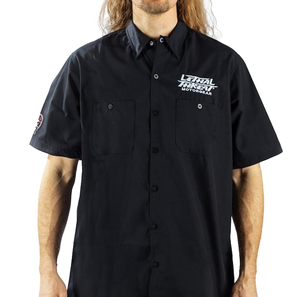 Pinstripe Painting Monster Embroidered Work Shirt / Shop Shirt