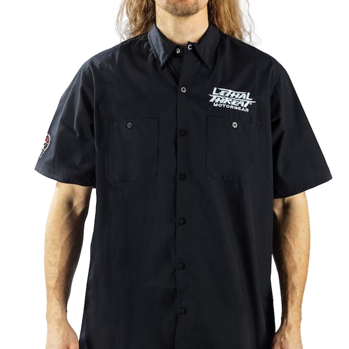 Pinstripe Painting Monster Embroidered Work Shirt / Shop Shirt